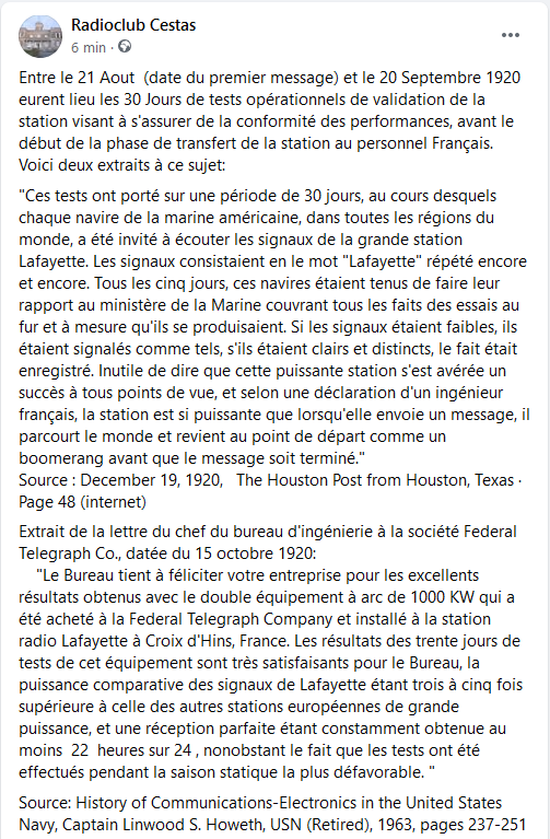 The 30 days acceptance tests of Lafayette radiotelegraphic station in Croix d'Hins