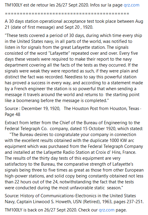 The 30 days acceptance tests of Lafayette radiotelegraphic station in Croix d'Hins