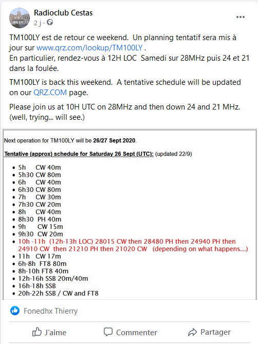 F6KUQ opere TM100LY pour le centenaire de la station Lafayette pres de Bordeaux