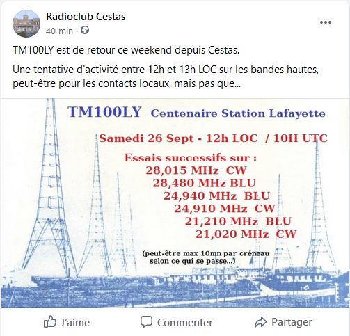 F6KUQ opere TM100LY pour le centenaire de la station Lafayette pres de Bordeaux