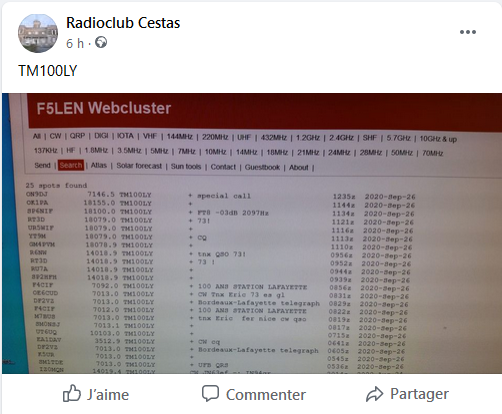 F6KUQ opere TM100LY pour le centenaire de la station Lafayette pres de Bordeaux