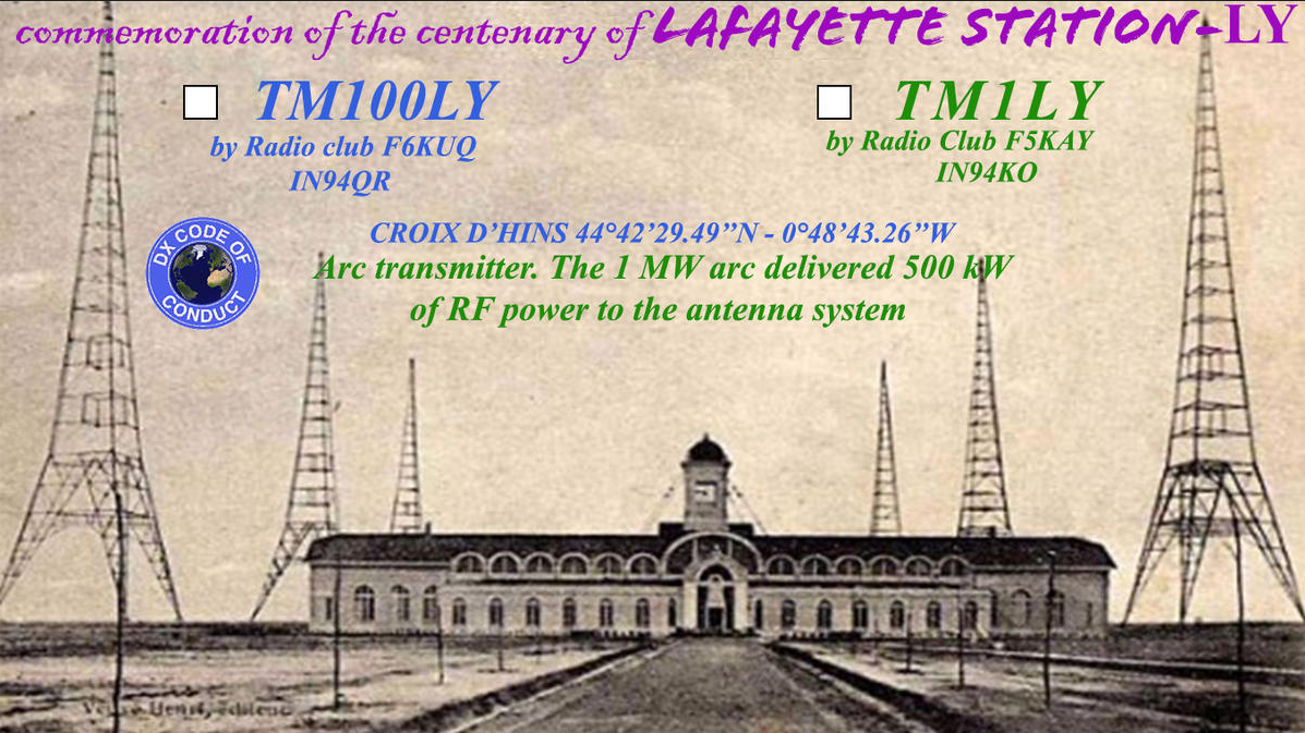 QSL TM100LY - Centenaire de la station radiotelegraphique Lafayette de Croix d'Hins