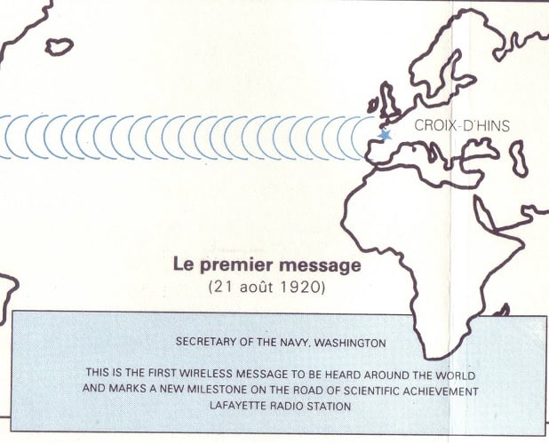 Premier message transmis par la station radiotelegraphique Lafayette le 21aout 1920